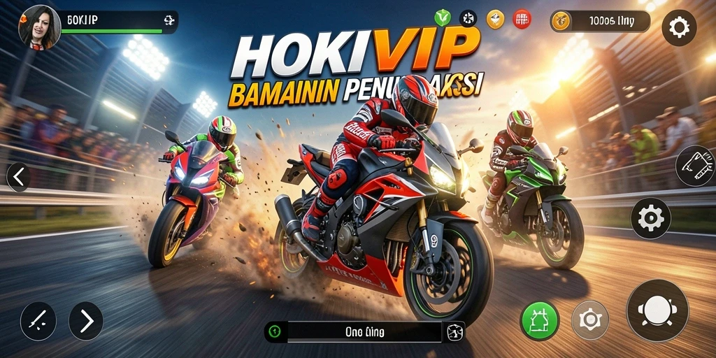 Tampilan gameplay seru HOKIVIP dengan balapan motor yang mendebarkan.