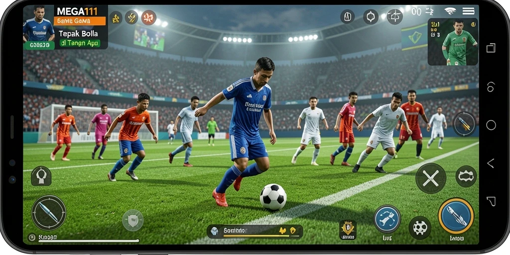 Tampilan gameplay MEGA111 dengan aksi sepak bola yang mendebarkan.
