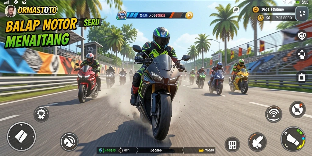 Gameplay seru balap motor dalam ORMASTOTO dengan trek menantang.