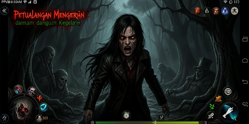 Tampilan gameplay yang menyeramkan dalam suasana gelap.