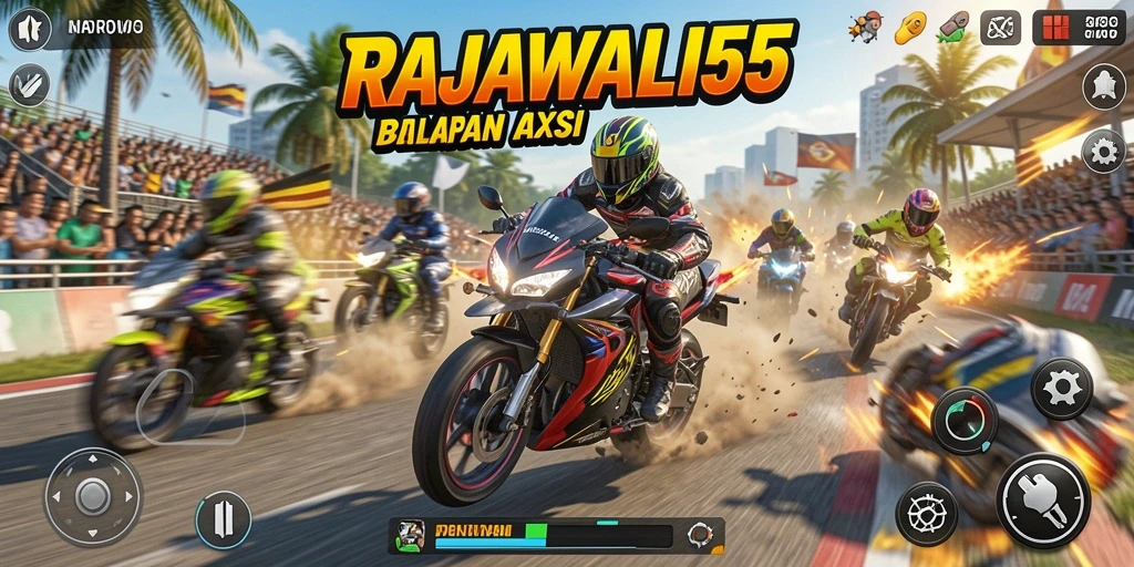 Tampilan gameplay mendebarkan dari RAJAWALI55 saat balapan motor.