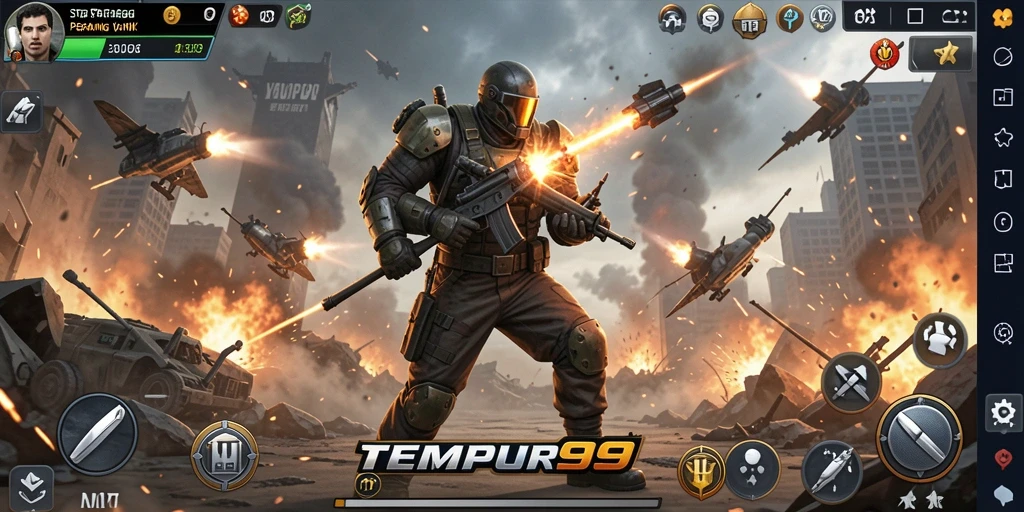 Screenshot gameplay TEMPUR99 dengan pertempuran strategis yang intens.